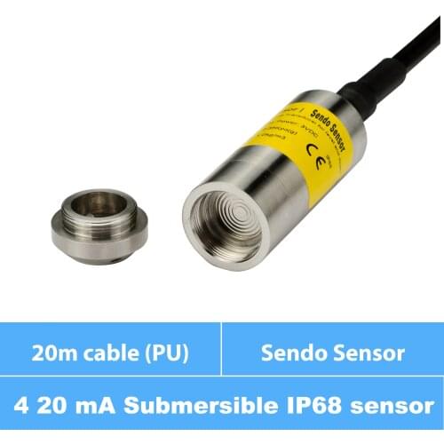 Stainless steel water level submersible sensor, IP68 sealed, 10 m, 12 m, 15 m, 20 m H2O depth, 20 m PU cable, 4 to 20 mA signal