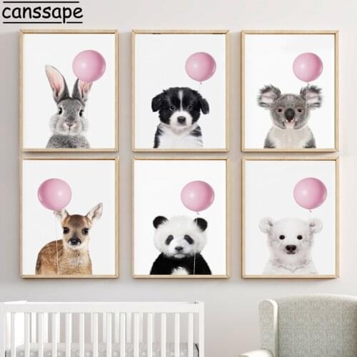 Pink Balloon Poster Panda Koala Bear Rabbit Wall Art Canvas Painting Baby Animals Print Nordic Wall Pictures For Kids Room Decor