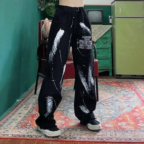 Street hip hop cool dark hot diamond letter print loose BF straight jeans mens and womens fashion