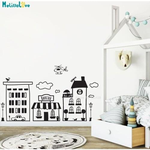 Large Doodled Town Skyline Wall Art Vinyl City Decals for Kids Play Rooms Day Cares Schools Super Hero Room YT5280