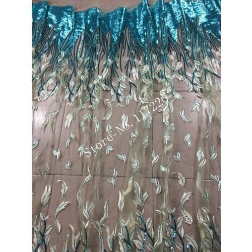 Colorful sequins embroidered Tulle Fabric good selling French Net Lace Fabric with super quality in green color