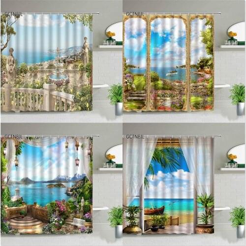 Natural Scenery Shower Curtains Mediterranean Landscape Background Wall Decor Flowers Plant Bathroom Bathtub Screen With Hooks