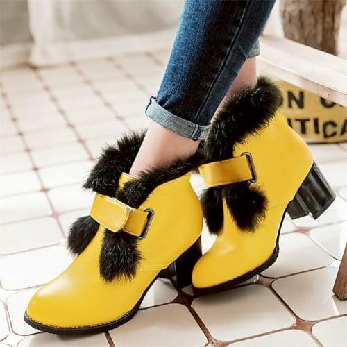 Winter Mary Jane shoes Women PU Leather Chunky High Heels Party Pumps Round Toe Warm Fur Snow Booties Lady Office Punk Shoes New