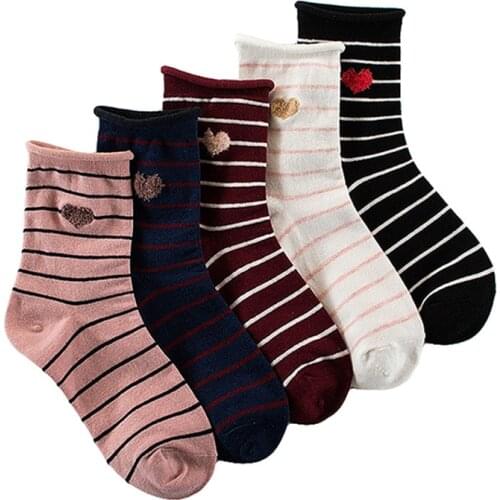 Women Socks Cotton Female Striped Love Heart Print Socks Curling Piled Mid-Tube Japanese Kawaii Cute Socks Spring Casual Socks