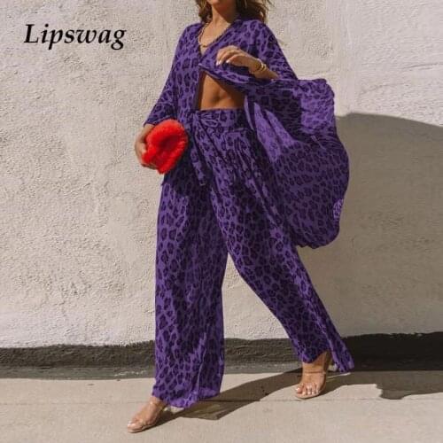 Fashion Leopard Print Two Piece Sets Women Long Sleeve Button Shirt And Wide Pants Suits Ladies Elegant Spring Outfit Streetwear