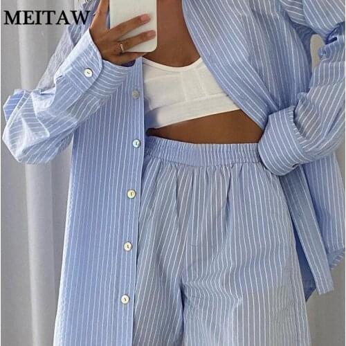 Women Stripe Two Piece Set 2021 Casual Long Sleeve Shirt Tops And Loose High Waisted Mini Shorts Sets Summer Loose Tracksuit
