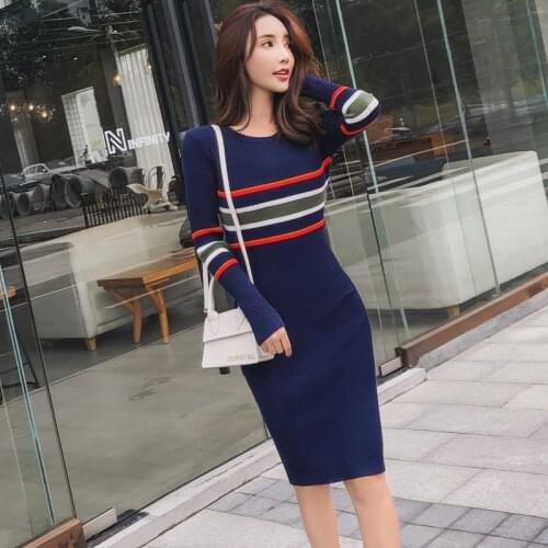 Womens dress 2020 autumn new Korean temperament slim knit color matching striped hip sweater bottoming dress