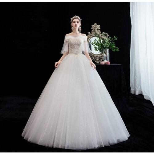 Boat Neck Embroidery Wedding Dress Lace Half Sleeves Luxurious Tulle Plus Size Wedding Gowns For Women Vestidos De Novia G118