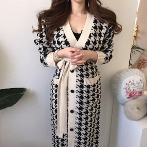 Korean Luxuriy Women Houndstooth Knitting Coat Fashion V-Collar Cardigan Lace Up Casual Loose Sweater Outerwear