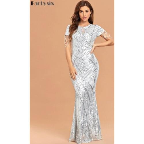 Partysix 2021 New Formal evening dress Sexy O Neck Short Sleeve Pattern Glitter Women Slim Maxi Elegant Dress