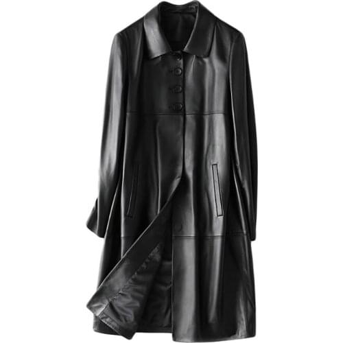 100% Natural Sheepskin Leather Jacket Long Lapel Womens Windbreaker Soft Genuine Lambskin Coats for Autumn and Winter