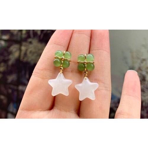 14k gold-encrusted natural and Tian Bai jade exquisite delicate womens earrings