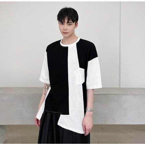 2021 summer Korean style Personality Irregular hem t-shirt men casual loose Mixed colors O-neck tee shirts male t-shirt M-XL