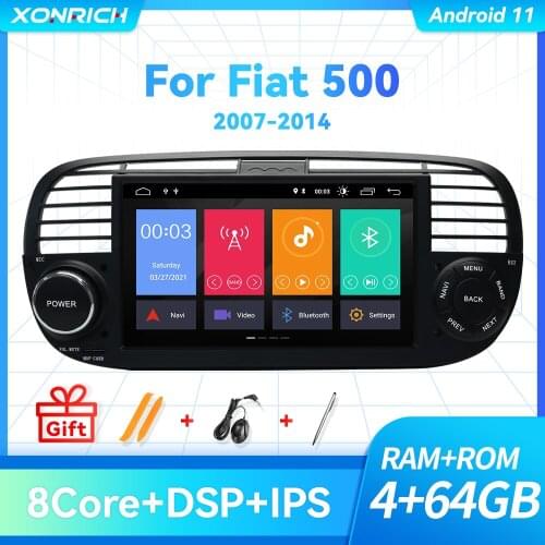 8 Core 1 Din Android 11 4GB 64GB Car Multimedia Player For FIAT 500 2007-2014 GPS Navigation Stereo Audio Radio Head Unit No DVD