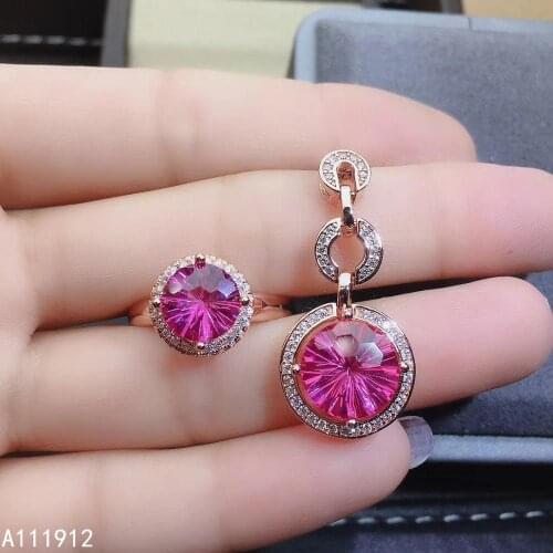 KJJEAXCMY fine jewelry natural pink topaz 925 sterling silver women pendant necklace chain ring set support test classic