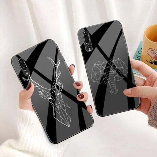 Geometric Animals Deer Tiger Lion Elephant Phone Case Tempered Glass For Huawei P30 P20 P10 lite honor 7A 8X 9 10 mate 20 Pro