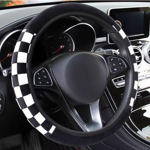 Black & White Checkered Steering Wheel Cover Plush Elastic Car Steering Wheel Cover Without Inner Ring Car Accessories Universal