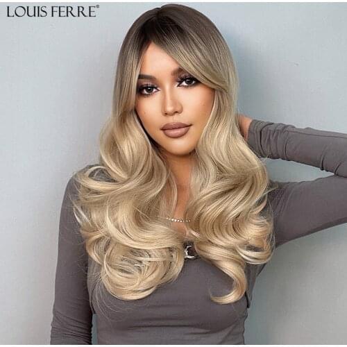 LOUIS FERRE Highlight Brown Blonde Ash Gray Long Wigs Heat Resistant Synthetic Cosplay Wavy Wigs With Bangs for Black Women Afro