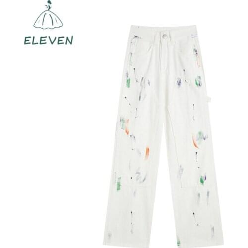 Retro Washed White Jeans Womens Summer High Waist Loose Trousers Splash Ink Design Sense High Street Wide Leg Pants Ins Tide