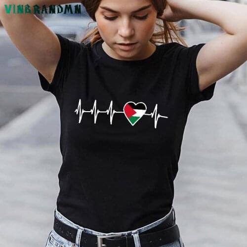 Palestinian Heartbeat Tshirt I Love Palestine T shirt Country Flag Heart T-Shirt Women Summer Short Sleeve Cotton Clothes Mujer