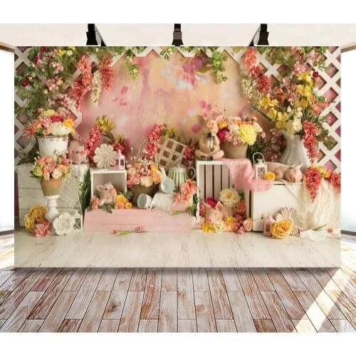 Cute Piggy Fence with Flowers Backdrops Photo Background Decorations for Kids Birthday Party Photography Photocall