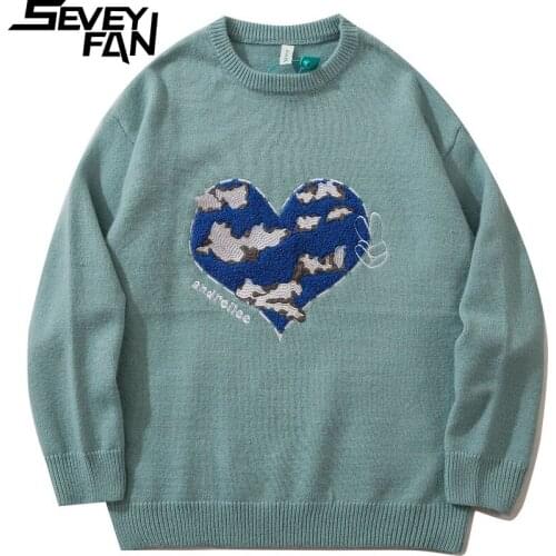 SEVEYFAN Mens Fashion Lover Pattern Embroidery Sweater Fashion Loose O Neck Knitwear Autumn Pullover Sweaters for Couples