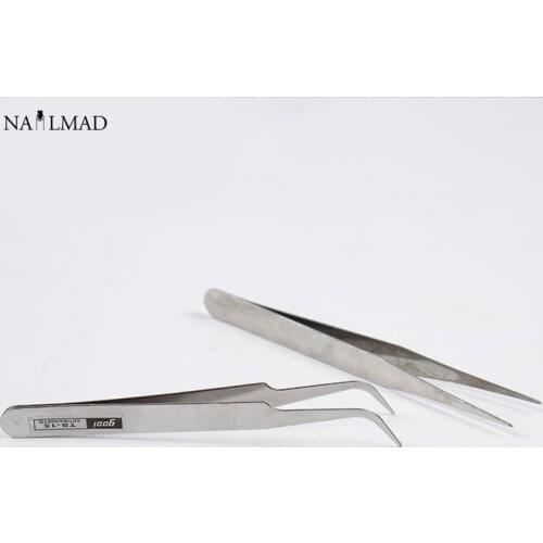 2pcs Silver Straight Tweezers Curved Tweezers kit Eyelashes Extension Tweezers Nippers Pointed Clip Nail Art Tools