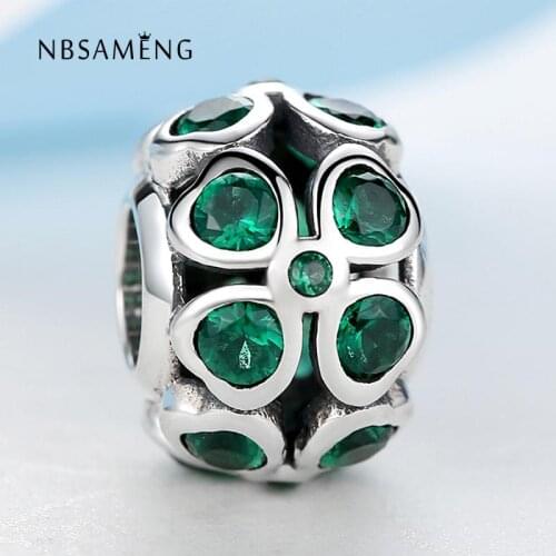 NBSAMNG 100% 925 Sterling Silver Green Crystal Lucky Four-leaf Clover Beads Charms Fit Bracelets & Bangles DIY Jewelry