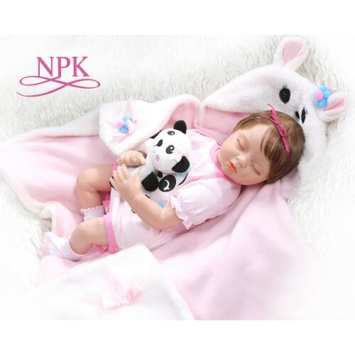 NPK 55CM newborn baby doll bebe realitic reborn sleeping baby girl doll soft weighted body rooted hair in panda dress