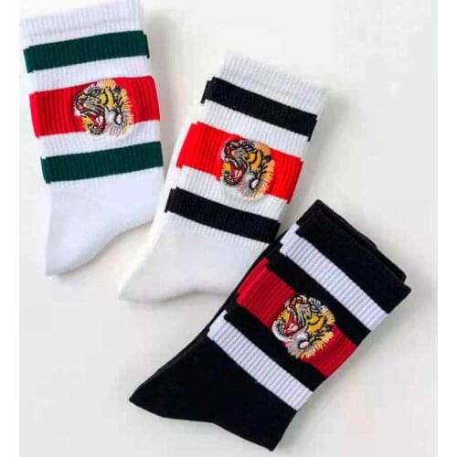 A Pair of Surprise Socks, New Autumn/Winter Worsted Cotton Geometric Striped Ladys Sock, Tiger Totem EmbroideredFunny Sox