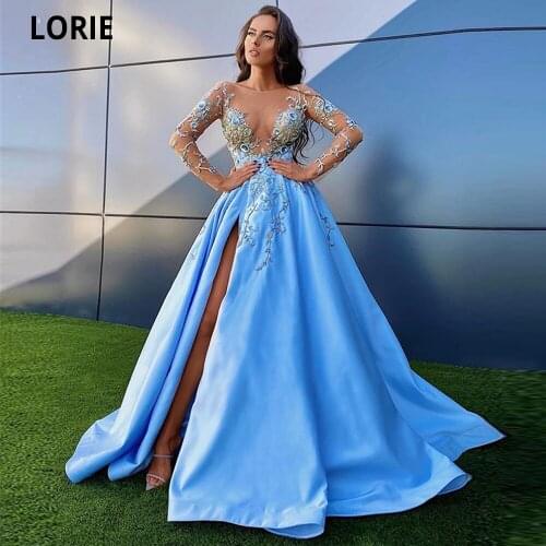 LORIE Blue Satin Prom Dresses Long Sleeve Flowers Lace Appliques Formal Evening Gowns Plus Size illusion Beauty pageant Dresses