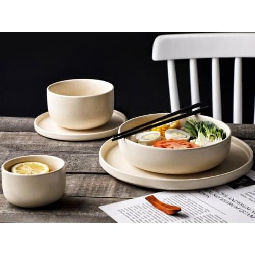 Net Red Japanese Coarse Pottery Sesame Glaze Tableware Modern Simple Matte Frosted Ceramic Plate Rice Bowl Round Dish Soup Bowl