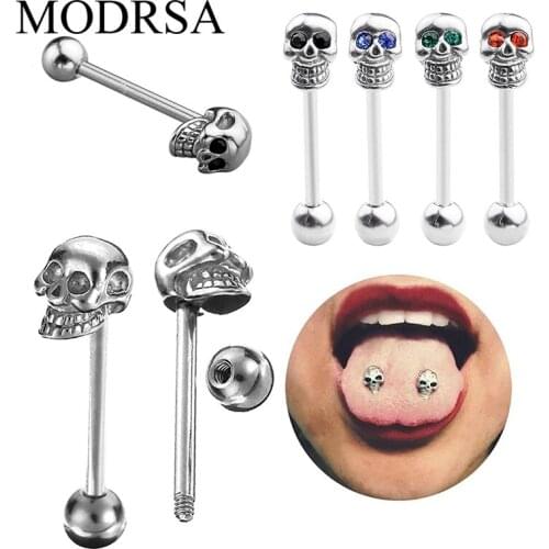 MODRSA 1Piece Stainless Steel Industrial Barbell Punk Crystal Skull Tongue Ring Helix Piercing Stainless Steel Body Jewelry