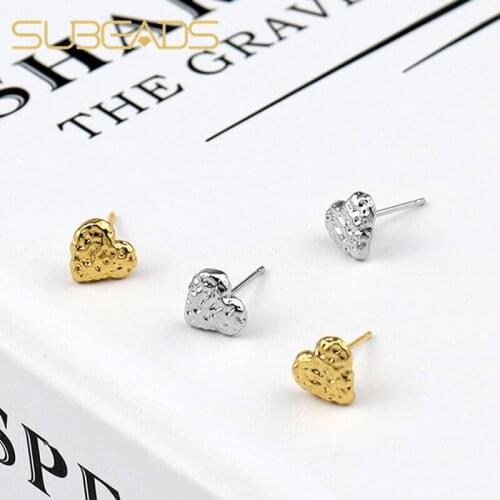 Subeads Real 925 Sterling Silver Pattern Relief Heart-shape Stud Earrings For Women Amour Love Ear Studs Jewelry Arete Gifts