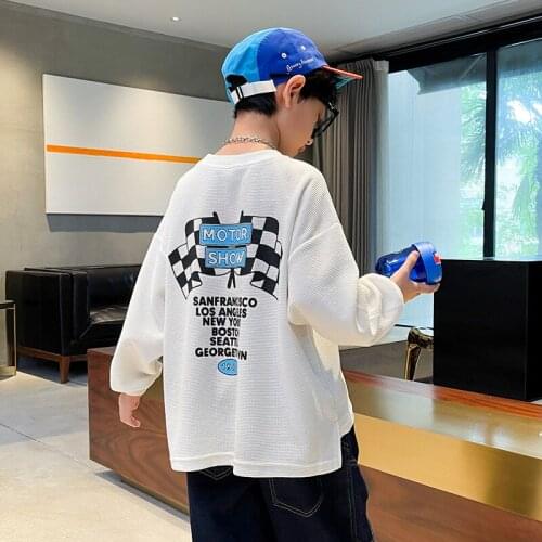 Boys White Cotton Loose Sweatshirt Spring And Autumn Fashion Cartoon Car Print Sweater Teenager O-neck Pullover 4-14 Years Old