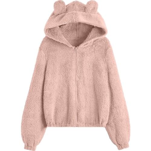 Warm Bear Shape Zipper Fuzzy Hoodie Long Sleeve Solid Hooded Sweatshirt Loose Pullover Winter Women Blouse Plus Size Зип Худи