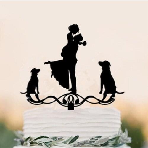 Family Style Cake Topper , Bride & Groom with two dogs Wedding Party Birthday Party Anniversary cake decor Rustic Wedding