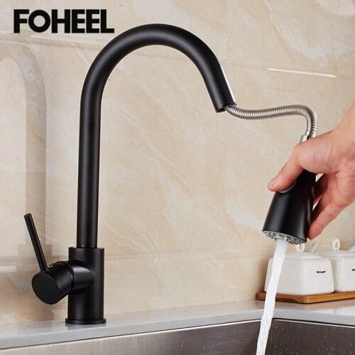 FOHEEL Pull Out Kitchen Black Kitchen Faucets Single Handle Tap Single Hole Handle Swivel 360 Degree Water Mixer Tap Mixer Tap