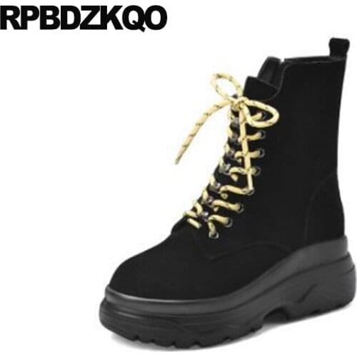 Women Ankle Boots Medium Heel Lace Up Elevator Flatform Round Toe Military Shoes Suede Platform Harajuku Combat Black Muffin