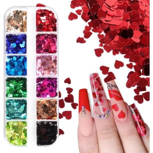 12 Grids Mixed Color Sweet Love Heart Nail Glitter Sequins Shining Mirror 3D Colorful Sequins Manicure Nail Art Decoration
