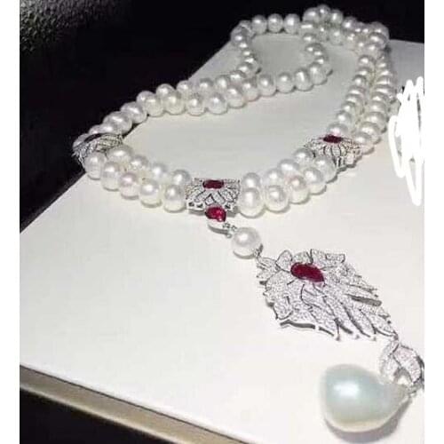 Free shipping Jewelry white micro inlay zircon clasp 8-9 mm natural south sea white pearl necklace baroque pearl pendant