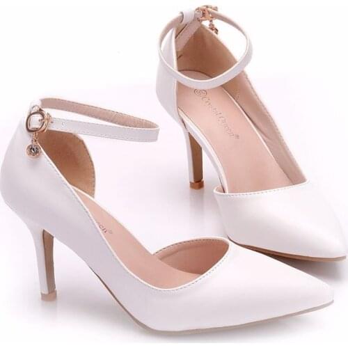 Women sandals wedding Party PU Buckle Strap 7.8CM Thin High heels Pointed Toe women shoes sandalias mujer 2020 size 35-42 white