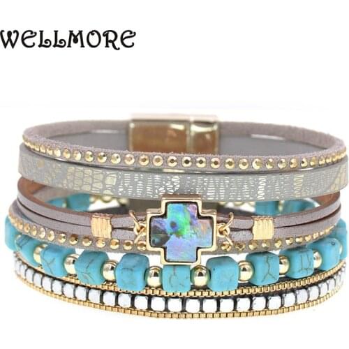 WELLMORE bohemia cross bracelets for women stone beaded wrap bracelets fashion leather Bracelets & Bangles Female Jewelry