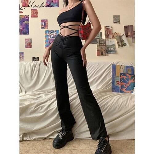 Macheda Black High Waist Lace Up Bandage Straight Pants Women street Casual Slim Trousers Lady Elastic Solid Leisure Pants 2020