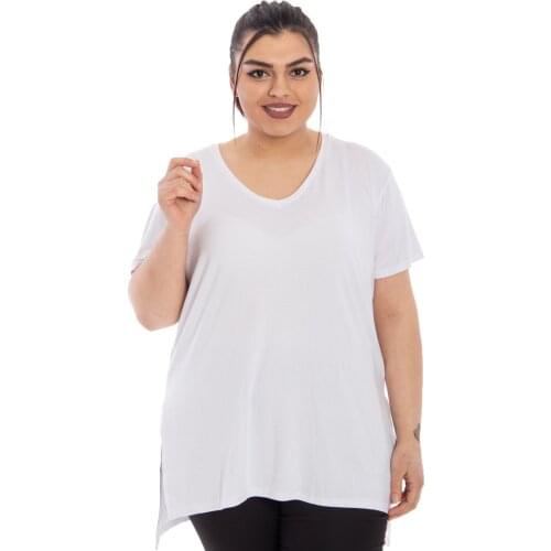 Hanezza Large Size V-Neck Basic Slit T-Shirt