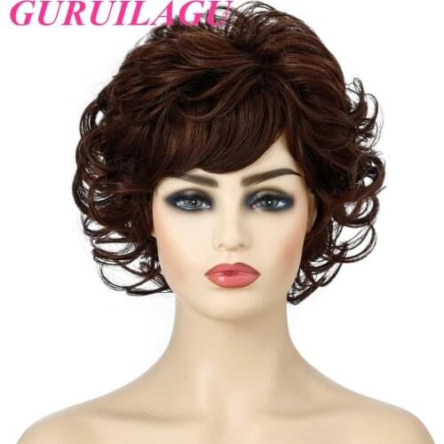 GURUILAGU Short Wigs For Women Curly Wig With Bangs Black Brown Synthetic Wig Daily Party Cosplay Natural Wigs Women