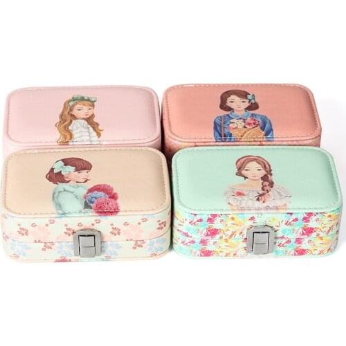 Fashion Cartoon Beauty Jewelry Case Display Travel wedding Ring Earings Box With Mirror Portable Button Leather Storage