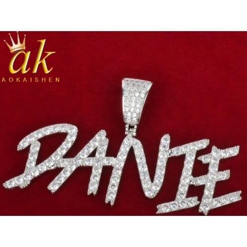 Custom name Plate Sharp Cursive Letters Necklace Jewelry Gold Color Copper Cubic Zircon Hip Hop Rock Street