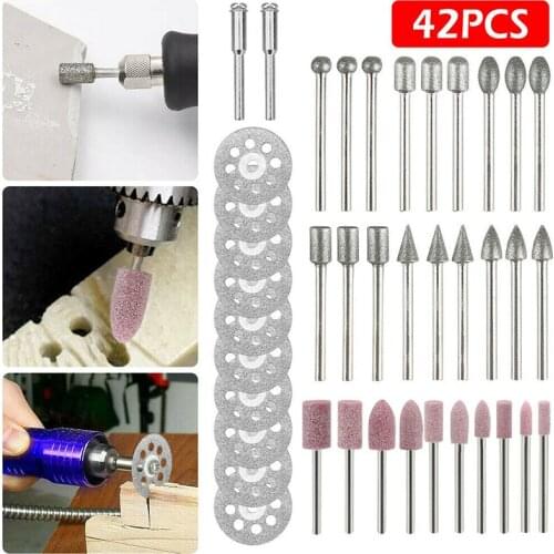 42Pcs Diamond Grinding Carving Bit Set Metal Cutting Wheel Diamond Grinding Burr For Glass Metal Stone Rotary Tools