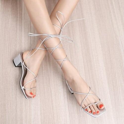 New Summer Womens Sandals Square Heels Roma sexy Shoes Gladiator Strappy Bandage Beach Sandals Female Open Toe Footwear 35-40